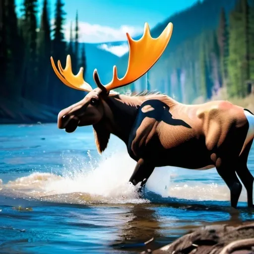 Prompt: a unicorn fish jumping out of the river with a 80 foot tall moose behind 



