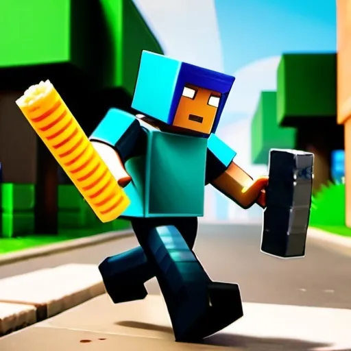 Prompt: a roblox character playing mincraft inside of street fighting with fish stick from fortnite 