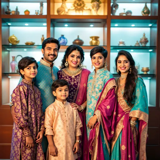 Prompt: Brightly dressed in traditional attire, a group of six people stands together in a warmly lit indoor space, exuding a sense of joy and celebration. The individuals, ranging from children to adults, are clad in vibrant kurtas and lehengas featuring intricate patterns and rich colors, with shades of purple, turquoise, and gold dominating the scene. The background showcases decorative glass shelves filled with various artifacts, hinting at a culturally rich environment. Captured from a slightly elevated angle, the image allows the viewer to appreciate both the expressions of happiness on their faces and the elegance of their clothing, creating a sense of familial closeness and shared celebration. The overall atmosphere is festive and inviting, reflecting a moment of togetherness and tradition. use ghibli theme.