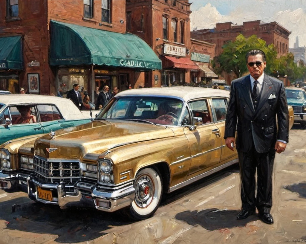 Prompt: Metallic mobster. Giant Cadillac big guns lots of jewelry. Expensive suit