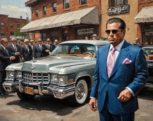 Prompt: Metallic mobster. Giant Cadillac big guns lots of jewelry. Expensive suit