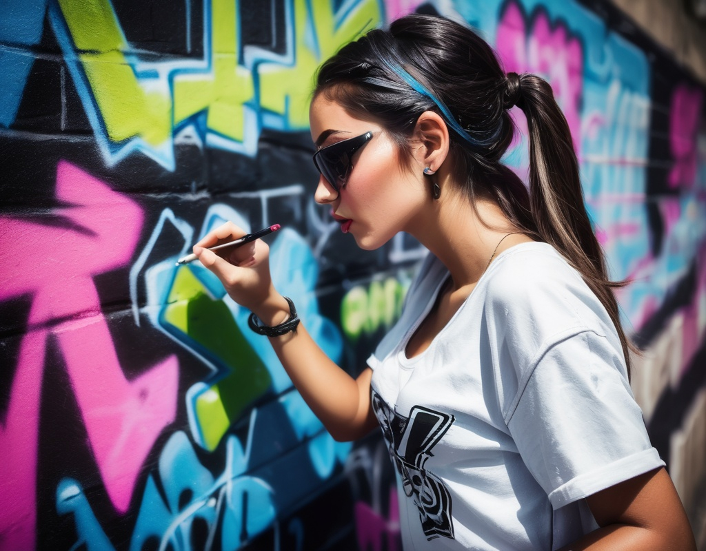 Prompt: Very pretty gangster girl writing graffiti on a wall