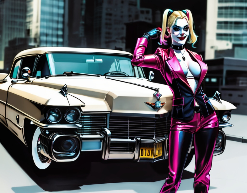 Prompt: Harley Quinn dressed like a mobster. With a giant Cadillac 