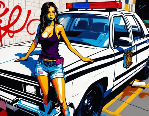 Prompt: Very pretty gangster girl writing graffiti on a cop car