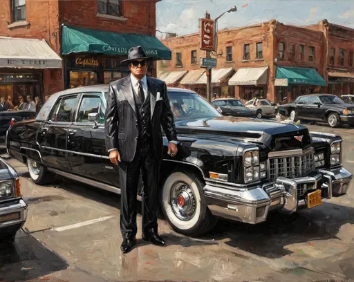 Prompt: Metallic mobster. Giant Cadillac big guns lots of jewelry. Expensive suit