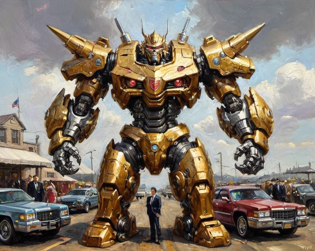 Prompt: Metallic mecha monster. Giant Cadillac big guns lots of jewelry. Expensive suit