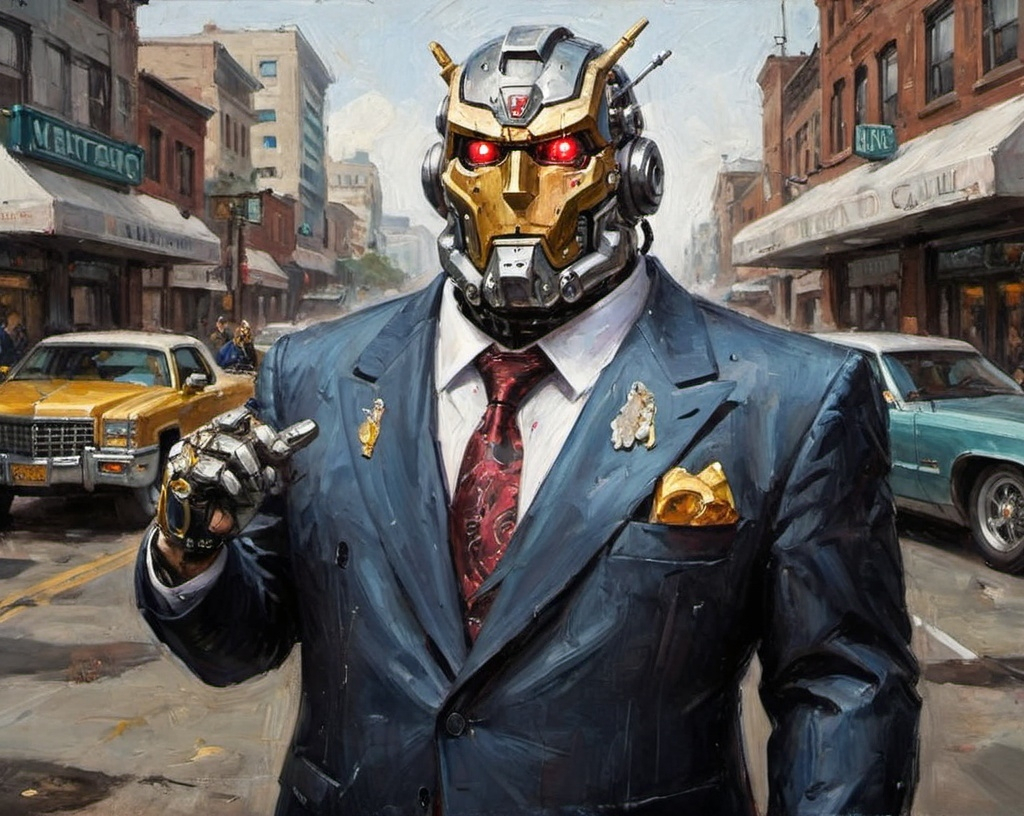 Prompt: Metallic mecha mobster. Giant Cadillac big guns lots of jewelry. Expensive suit