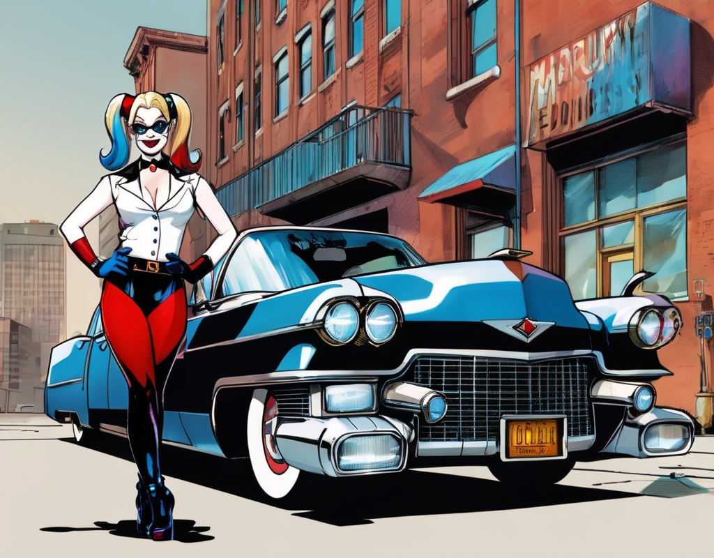 Prompt: Harley Quinn dressed like a mobster. With a giant Cadillac 