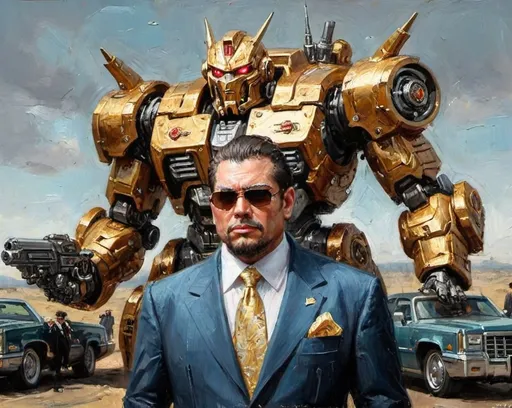 Prompt: Metallic mecha mobster. Giant Cadillac big guns lots of jewelry. Expensive suit