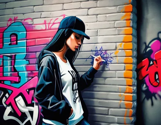 Prompt: Very pretty gangster girl writing graffiti on a wall