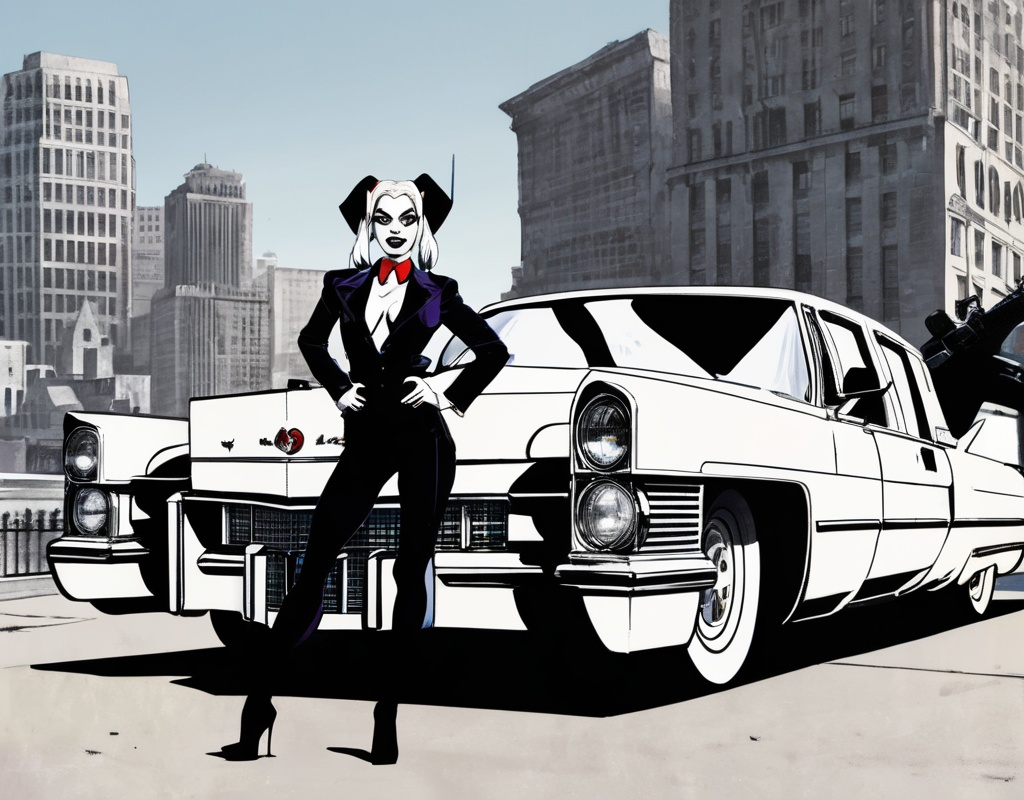 Prompt: Harley Quinn dressed like a mobster. With a giant Cadillac 