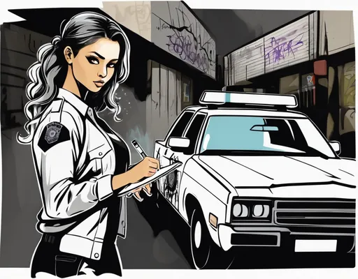 Prompt: Very pretty gangster girl writing graffiti on a cop car