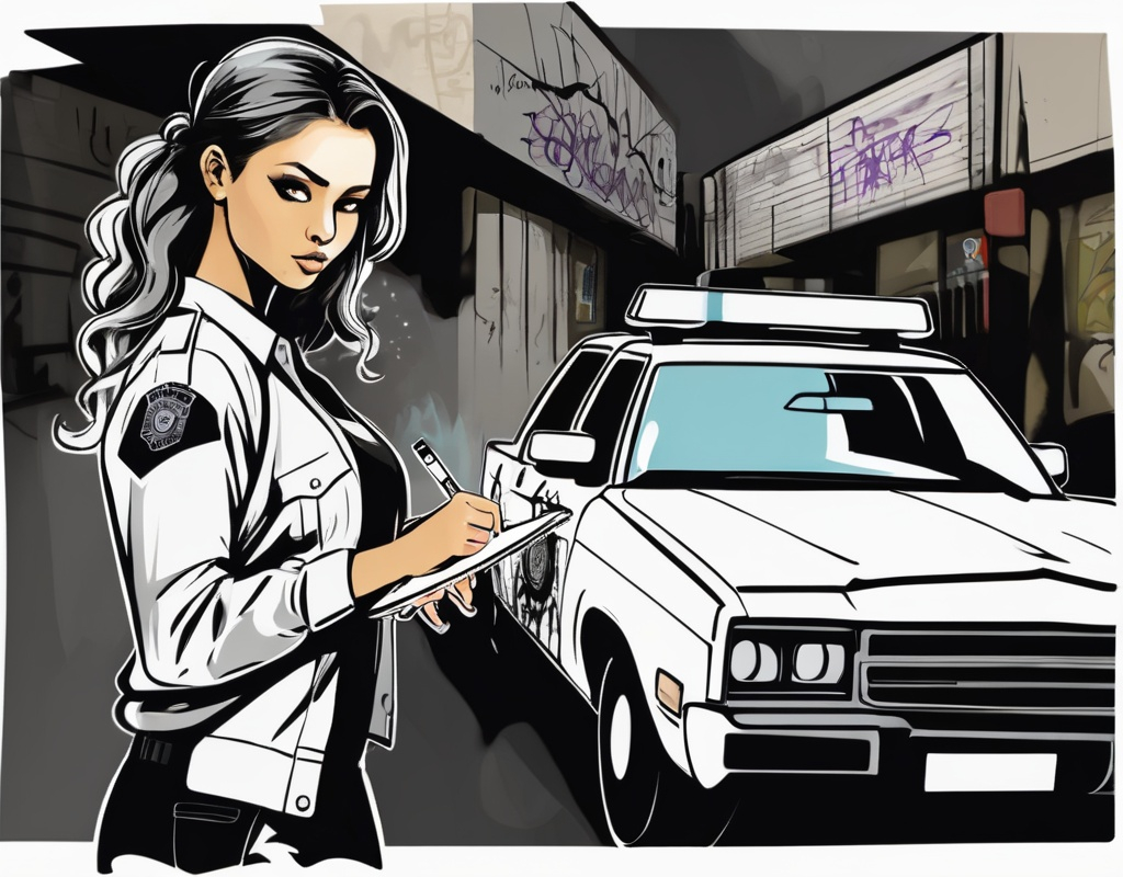 Prompt: Very pretty gangster girl writing graffiti on a cop car