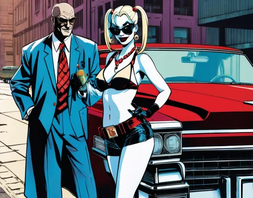 Prompt: Harley Quinn dressed like a mobster. With a giant Cadillac 