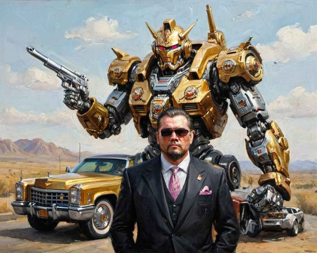 Prompt: Metallic mecha mobster. Giant Cadillac big guns lots of jewelry. Expensive suit