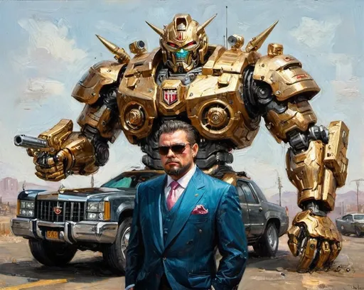 Prompt: Metallic mecha mobster. Giant Cadillac big guns lots of jewelry. Expensive suit