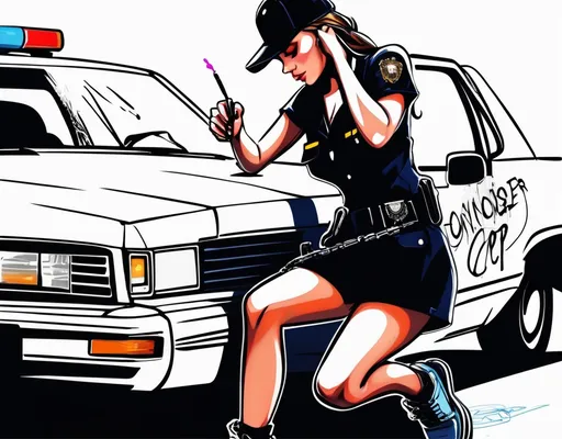 Prompt: Very pretty gangster girl writing graffiti on a cop car