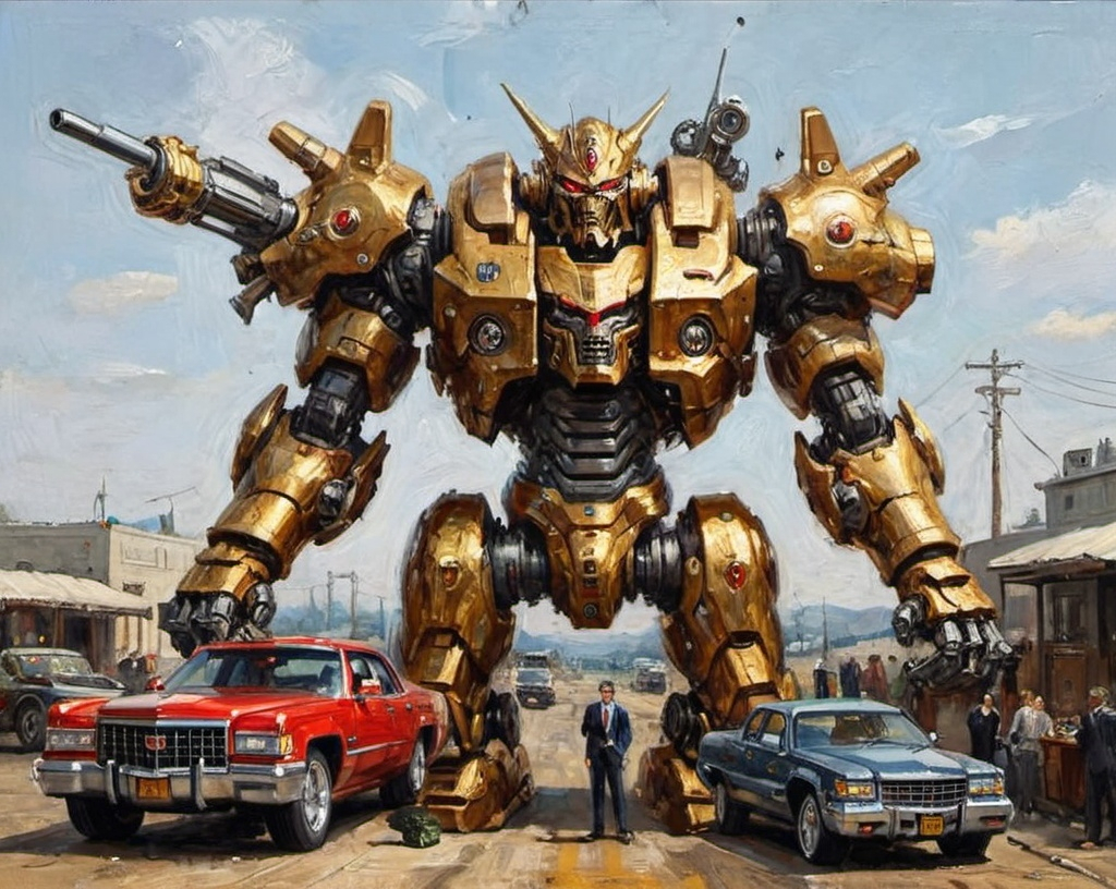 Prompt: Metallic mecha monster. Giant Cadillac big guns lots of jewelry. Expensive suit