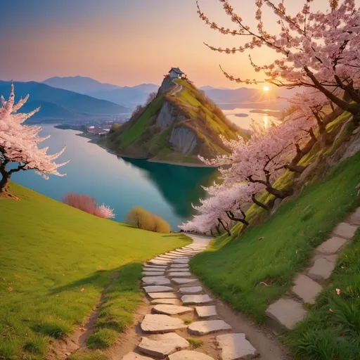 Prompt: path in the mountain leading up to the top, in sunset, beautiful landscape around with lake, blossoming cherry trees