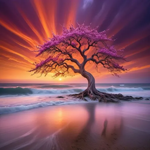 Prompt: How about this: 

"Capture the surreal beauty of a lone tree standing tall amidst a sea of vibrant, swirling colors. The sky above is a mesmerizing blend of deep purples, pinks, and oranges, as if the heavens themselves are ablaze with an otherworldly light. The tree, with its gnarled branches reaching gracefully towards the heavens, is adorned with delicate blossoms that seem to glow with an inner radiance. As the setting sun casts its golden rays upon the scene, the entire landscape is bathed in a soft, ethereal glow, evoking a sense of magic and wonder."