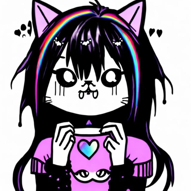 Prompt: A lonely goth kawaii cat crying rainbow tears