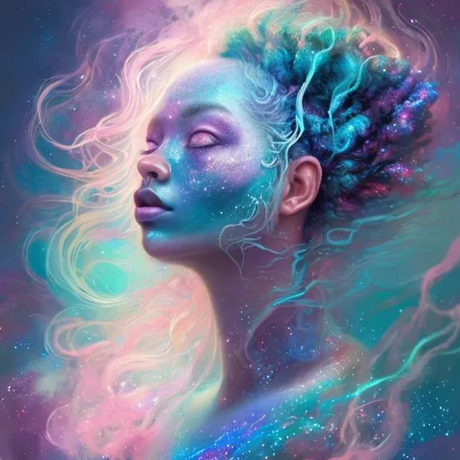 Prompt: Galaxy-haired figure with pink skin, cosmic-themed portrait, ethereal and dreamy, high quality, digital painting, vibrant pastel colors, flowing hair with galaxy patterns, sparkling star-like freckles, mystical and enchanting, cosmic aesthetic, ethereal lighting, fantasy, surreal, otherworldly, portrait, vibrant, dreamy, pink skin, galaxy hair, cosmic theme, digital painting, high quality, pastel colors, mystical, enchanting