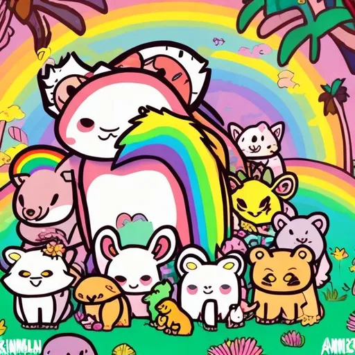 Prompt: The animal kingdom but all animals are rainbow colored in kawaii cartoon art style 