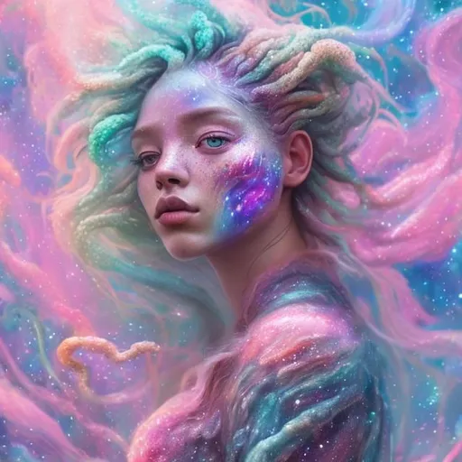 Prompt: Galaxy-haired figure with pink skin, cosmic-themed portrait, ethereal and dreamy, high quality, digital painting, vibrant pastel colors, flowing hair with galaxy patterns, sparkling star-like freckles, mystical and enchanting, cosmic aesthetic, ethereal lighting, fantasy, surreal, otherworldly, portrait, vibrant, dreamy, pink skin, galaxy hair, cosmic theme, digital painting, high quality, pastel colors, mystical, enchanting