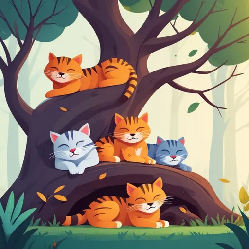 Prompt: illustrations for a book-cover,flat design,simple shapes,vector,colorful,2D,cute cartoon characters, a group of large wildcats sleeping under and in a tree, the bark of the tree is deeply scratched and branches have been cut off