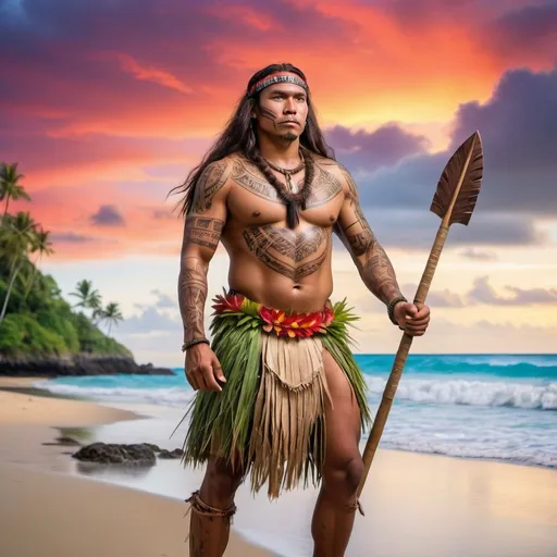 Prompt: a pacific island warrior, wearing tribal tattoos, wearing grass skirt, long hair, holding a spear, standing on a beach with vibrant color sky