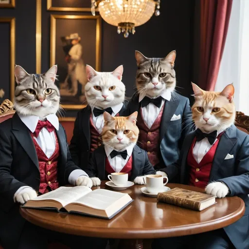 Prompt: a group of fancy dressed cat very rich that talk and reading book sitted at a coffe table