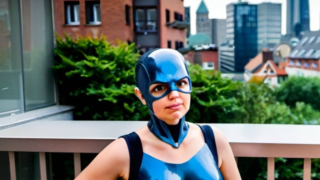 Prompt: Eine Superheldin steht auf dem Balkon ihrer Penthouse-Wohnung, edles Kostüm, heroischen Pose, im Hintergrund eine futuristische Großstadt