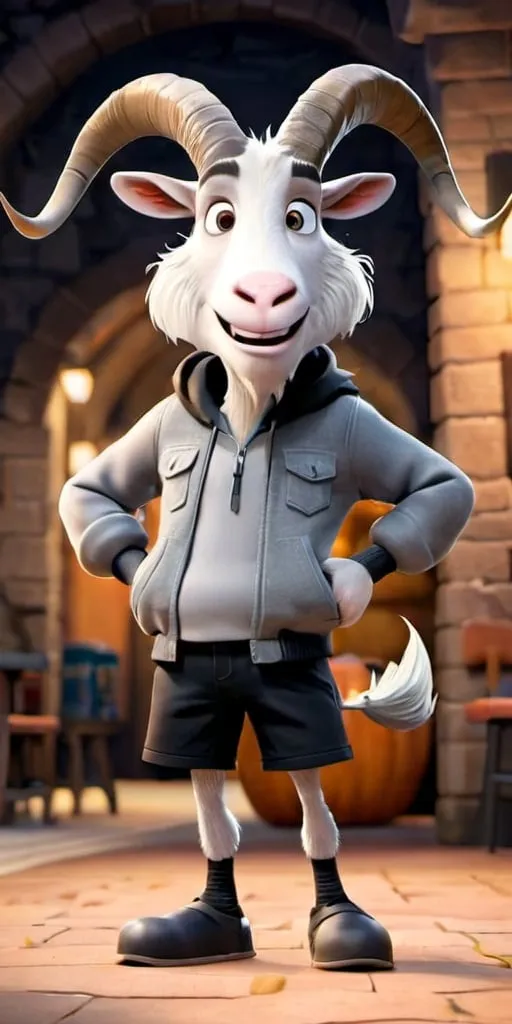 Prompt: An image of billy goat named Brian, use seed 1131858546, has big curly horns, wearing a grey jacket with a badge with his name on it, wearing black shorts, Brain seed 1131858546 has a smile on his face, show muilty veiws, back view, side view, front view, style:3d pixar animation




