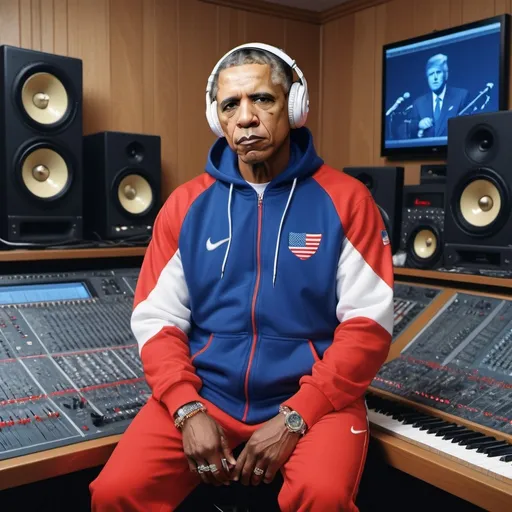 Prompt: In a dazzlingly rundown music studio, the 46th US president stands decked out in a striking red, white, and blue Nike sweatsuit, bedecked with glittering diamond chains. As he lays down tracks for a new song, his confident demeanor is clear, surrounded by high-end recording equipment. This mesmerizing portrait, perhaps a digital painting, expertly combines patriotism with modern flair, showcasing a unique and charismatic figure amidst a contemporary setting. Its sharp attention to detail and vibrant colors make it a truly captivating work of art.