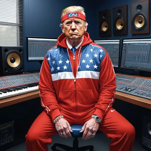 Prompt: In a dazzlingly rundown music studio, the 47th US president stands decked out in a striking red, white, and blue Nike sweatsuit, bedecked with glittering diamond chains. As he lays down tracks for a new song, his confident demeanor is clear, surrounded by high-end recording equipment. This mesmerizing portrait, perhaps a digital painting, expertly combines patriotism with modern flair, showcasing a unique and charismatic figure amidst a contemporary setting. Its sharp attention to detail and vibrant colors make it a truly captivating work of art.