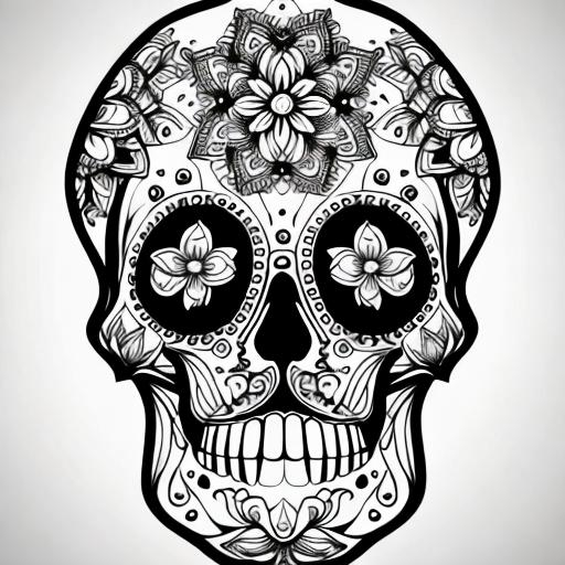 Prompt: black and white coloring page of a mandala sugar skull, no color, white background, clear but not thick lines, high-quality, intricate patterns, high detail, mandala, vector art, adult coloring book, clear lines, skull fit frame
