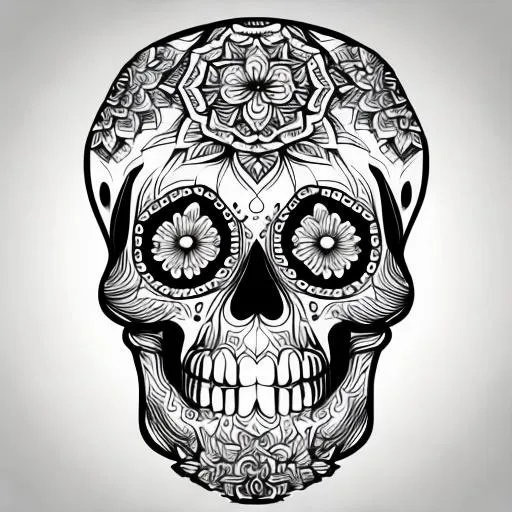 Prompt: black and white coloring page of a mandala sugar skull, no color, white background, clear but not thick lines, high-quality, intricate patterns, high detail, mandala, vector art, adult coloring book, clear lines, skull fit frame
