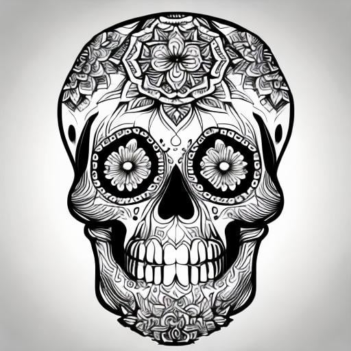 Prompt: black and white coloring page of a mandala sugar skull, no color, white background, clear but not thick lines, high-quality, intricate patterns, high detail, mandala, vector art, adult coloring book, clear lines, skull fit frame
