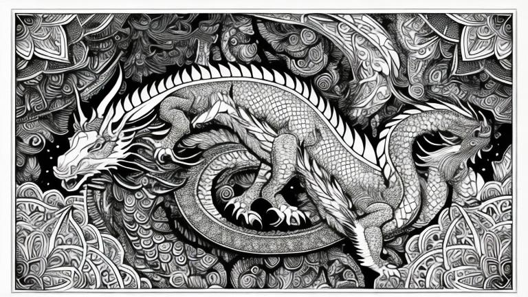 Prompt: Adult black and white coloring book page featuring a dragon, line art, high detail, clear but not thick lines, surrounded with psychedelic shapes,intricate textures, well-defined, professional, high-quality, intricate patterns, geometric shapes, vector art, adult colorin, white background