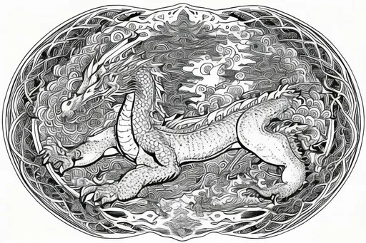 Prompt: black and white coloring page of a fire-breathing dragon, surrounded by psychedelic shapes and creatures, high detail, clear but not thick lines, high-quality, intricate patterns, geometric shapes, vector art, adult coloring book, artistic details, clear lines, --HD--AR 2:3
