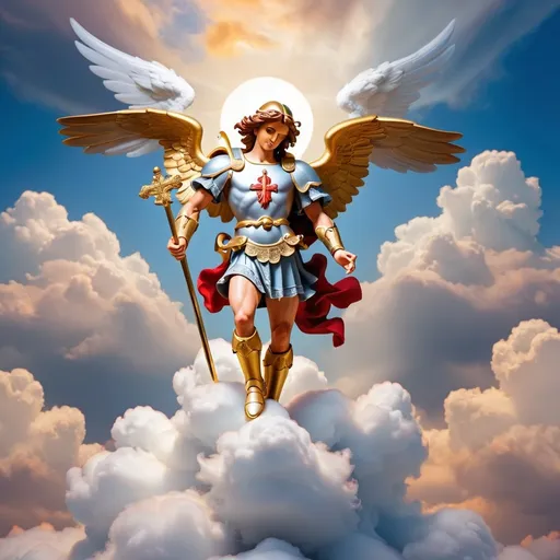 Prompt: Saint Michael floating on the clouds