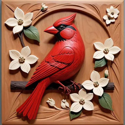 Prompt: redbird with 2 dogwood flowers as a woodcarving pattern
