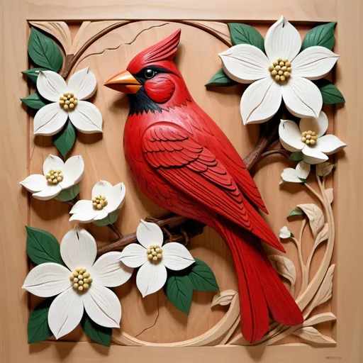 Prompt: redbird with dogwood flowers as a woodcarving pattern
