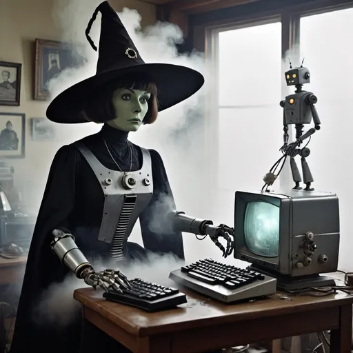 Prompt: 1960s documentary, a robot dressed like a witch surrounded by fog while she fixes a broken computer