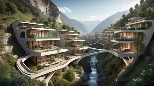 Prompt: Biophilic and futuristic design of a beautiful mountain valley with modern and consoled family residences on both sides of the valley, where a small waterfall flows from each of the residences, and the river is passing through the bottom of the valley, and there are suspension bridges and paths leading to each other. are connected