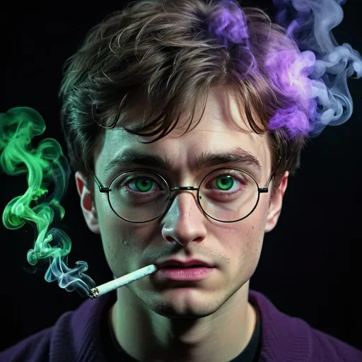 Prompt: Harry Potter smoking weed, magical marijuana smoke, wizarding world setting, detailed facial features, high quality, realistic, fantasy, mystical, magical smoke, green and purple tones, soft glowing lights, atmospheric lighting