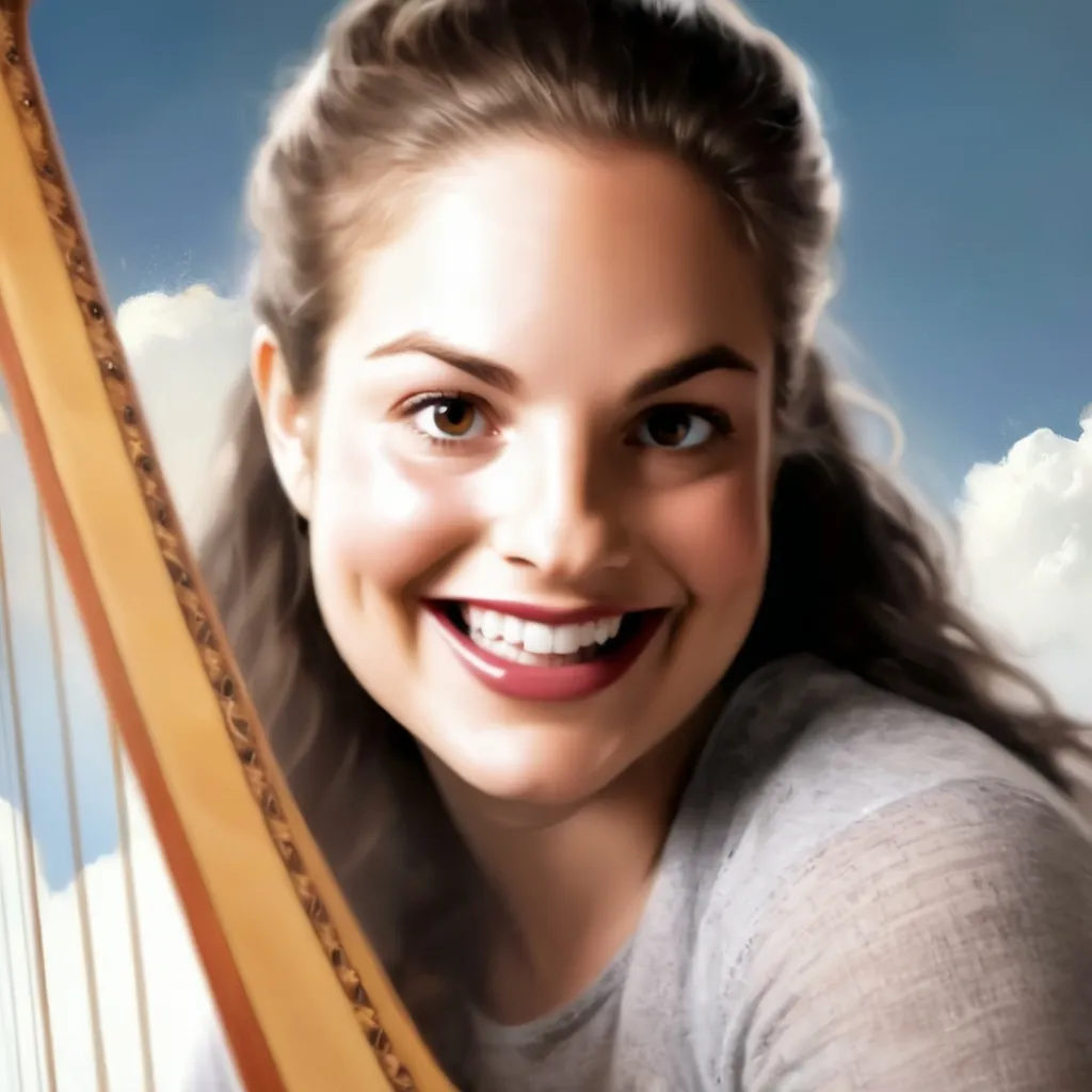 Prompt: Portrait of a woman smiling, angelic digital painting, pastel, clouds, halo, beautiful, sitting on a cloud, happy,serene playing a harp