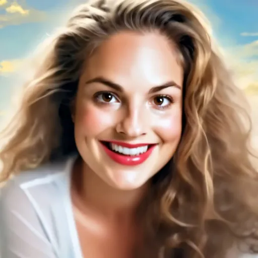 Prompt: Portrait of a woman smiling, angelic digital painting, pastel, clouds, halo, beautiful, sitting on a cloud, happy,serene long golden brown wavy hair