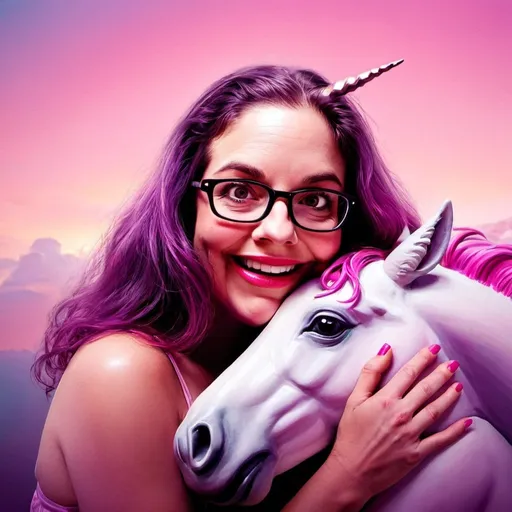 Prompt: Woman hugging unicorn in pink sky, magenta, high-quality, pastel fantasy, dreamy, detailed unicorn, emotional embrace, ethereal lighting, fantasy, surreal, soft pastels, whimsical, emotional connection, magical atmosphere