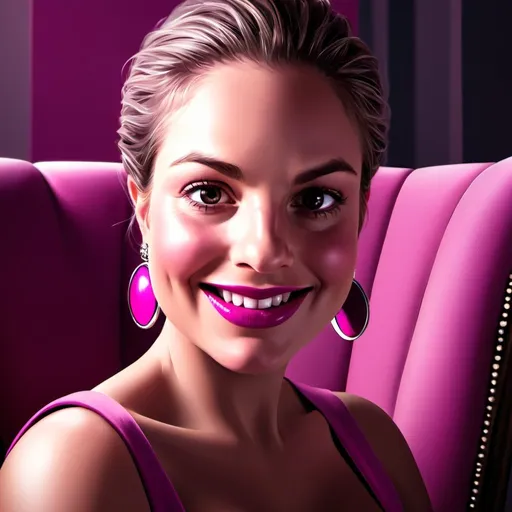 Prompt: High-res digital painting of a sophisticated woman, sitting in a luxurious chair, magenta and pink color scheme, elegant interior decor, detailed facial features, realistic lighting, high-quality digital art, elegant, luxurious, sophisticated, detailed facial features, realistic lighting, digital painting, magenta and pink color scheme, stylish interior, luxurious chair